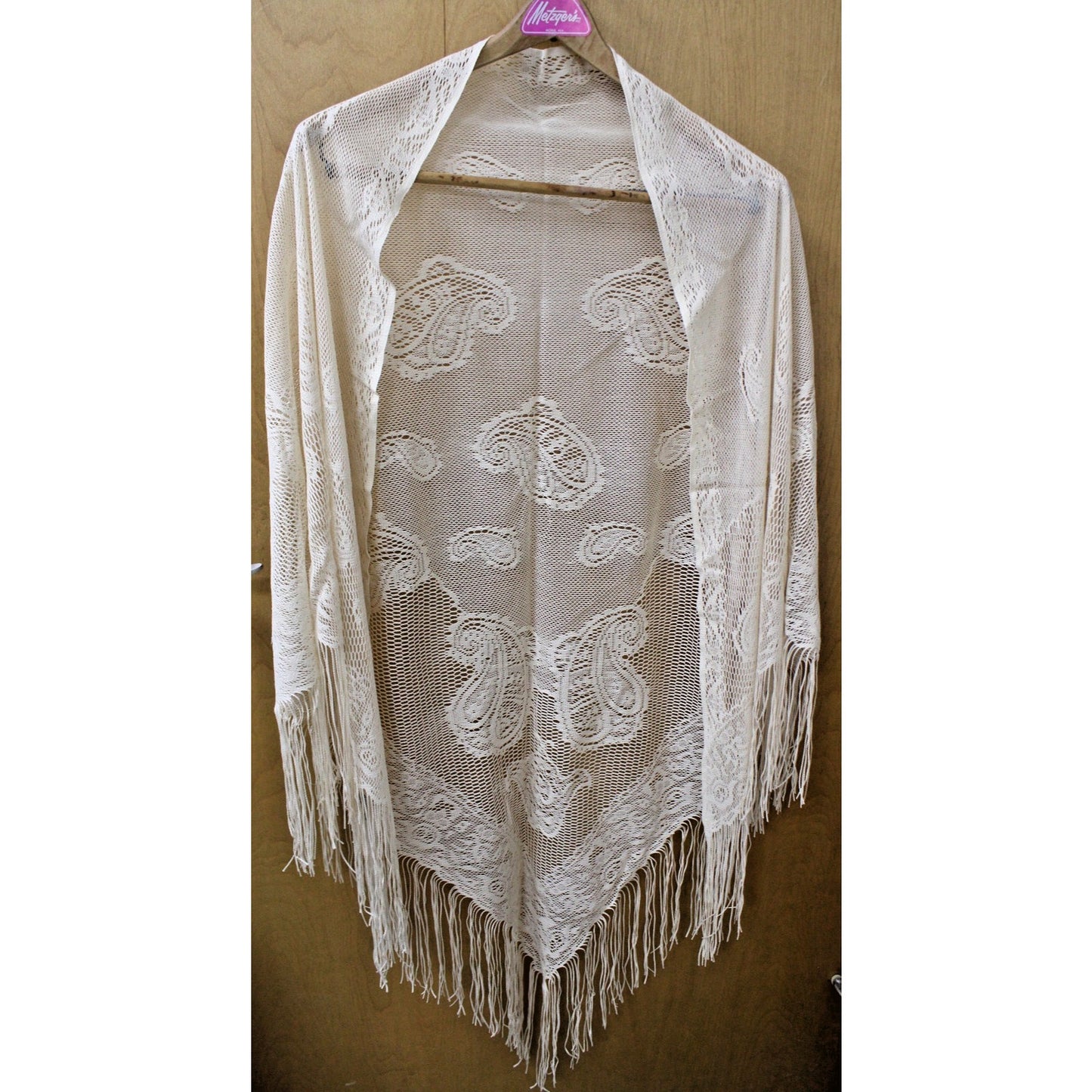 Vintage Fringed 78" Triangle Shawl/ Scarf Cream Woven Paisley by English Village