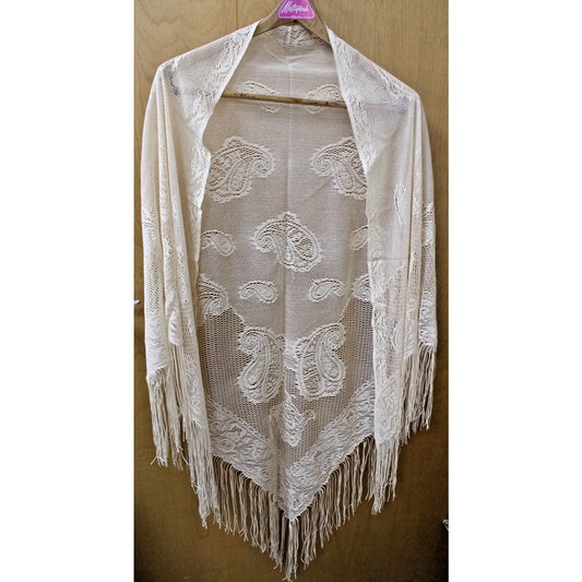 Vintage Fringed 78" Triangle Shawl/ Scarf Cream Woven Paisley by English Village