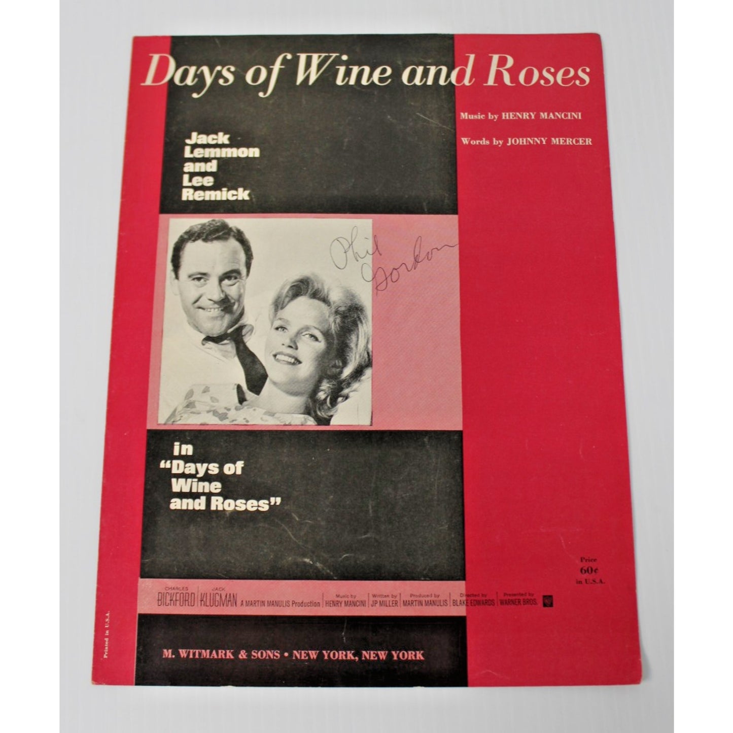 1962 Vintage Sheet Music: Days of Wine and Roses, Signed by Phil Gordon