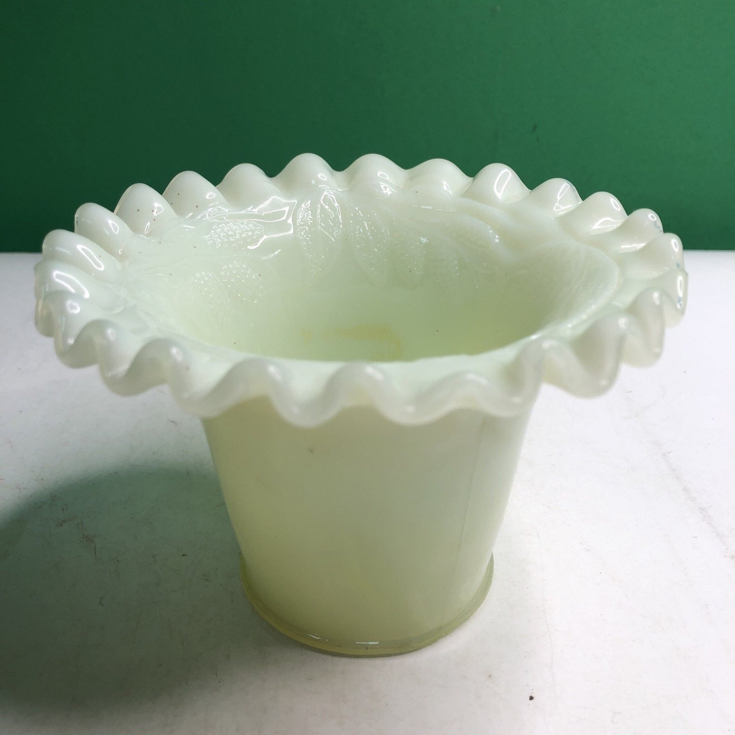 Vintage Uranium Custard Glass Vase 3.5” Tall Ruffle Top Grape Leaf Design Glows