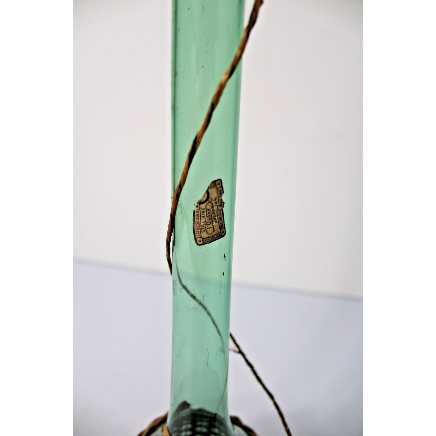 Vintage 21"H Green Glass Demijohn Carafe in Raffia, New Orleans Import Label