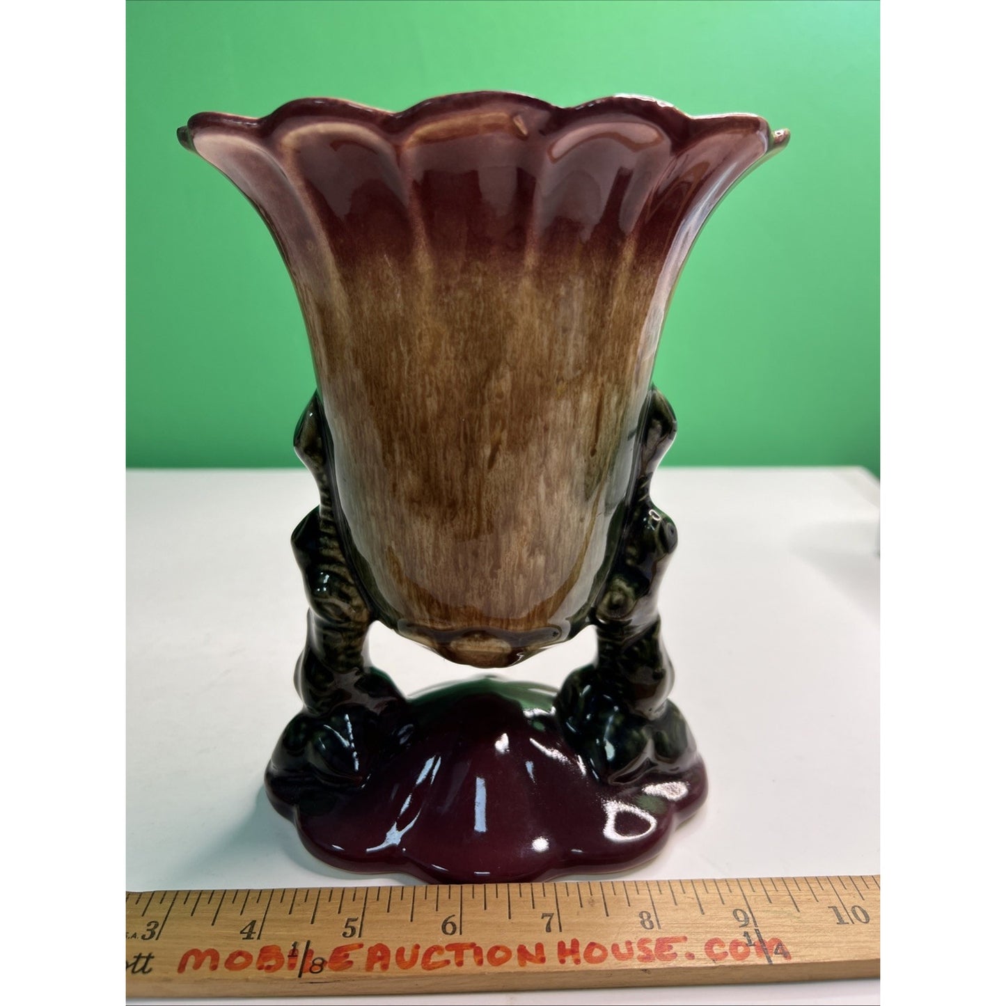 Vintage Hull USA Woodland Double Footed Suspended Vase Burgundy Brown 8"