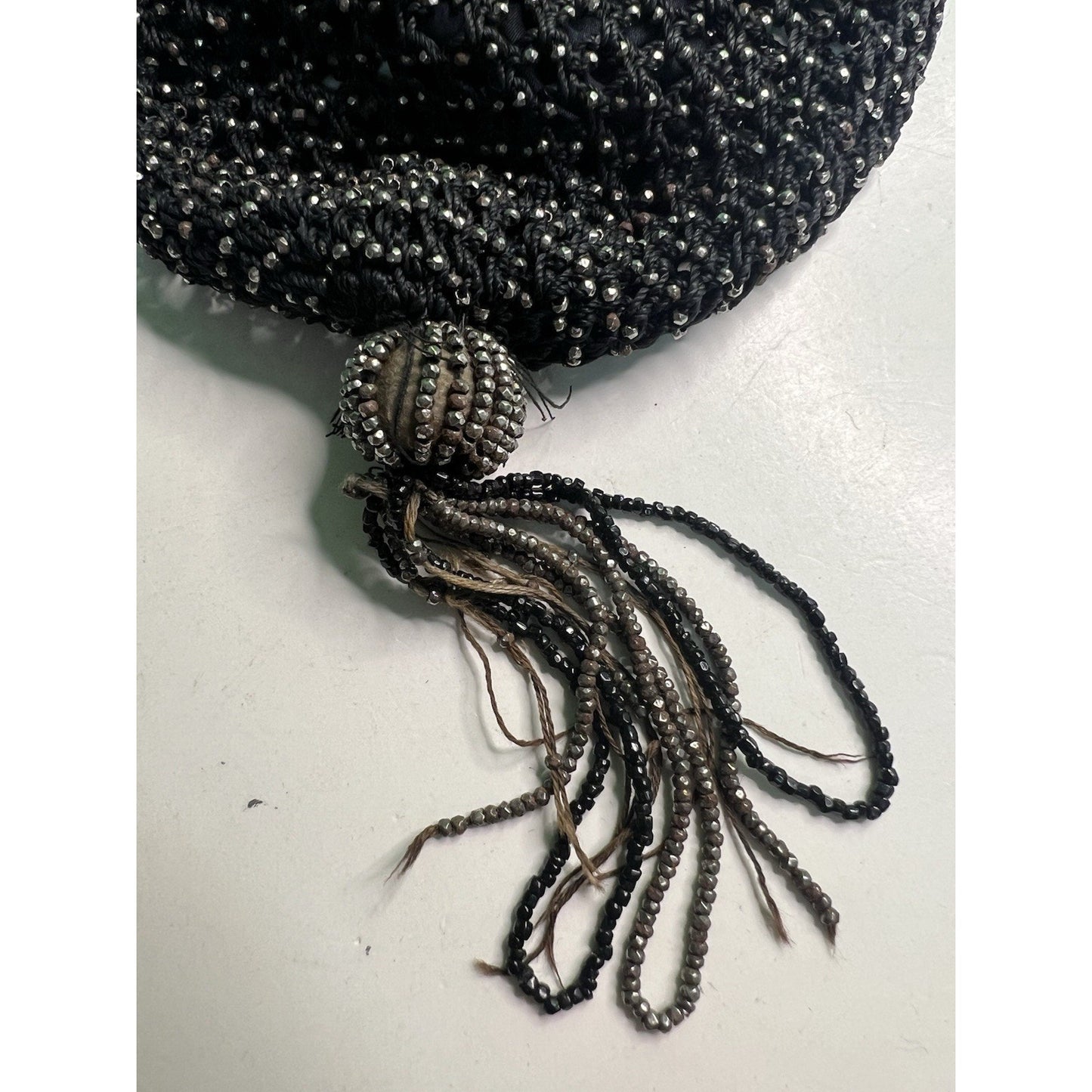 Antique Black & Silver Steel Bead Fringe Flapper Purse Greek Key NEEDS REPAIR