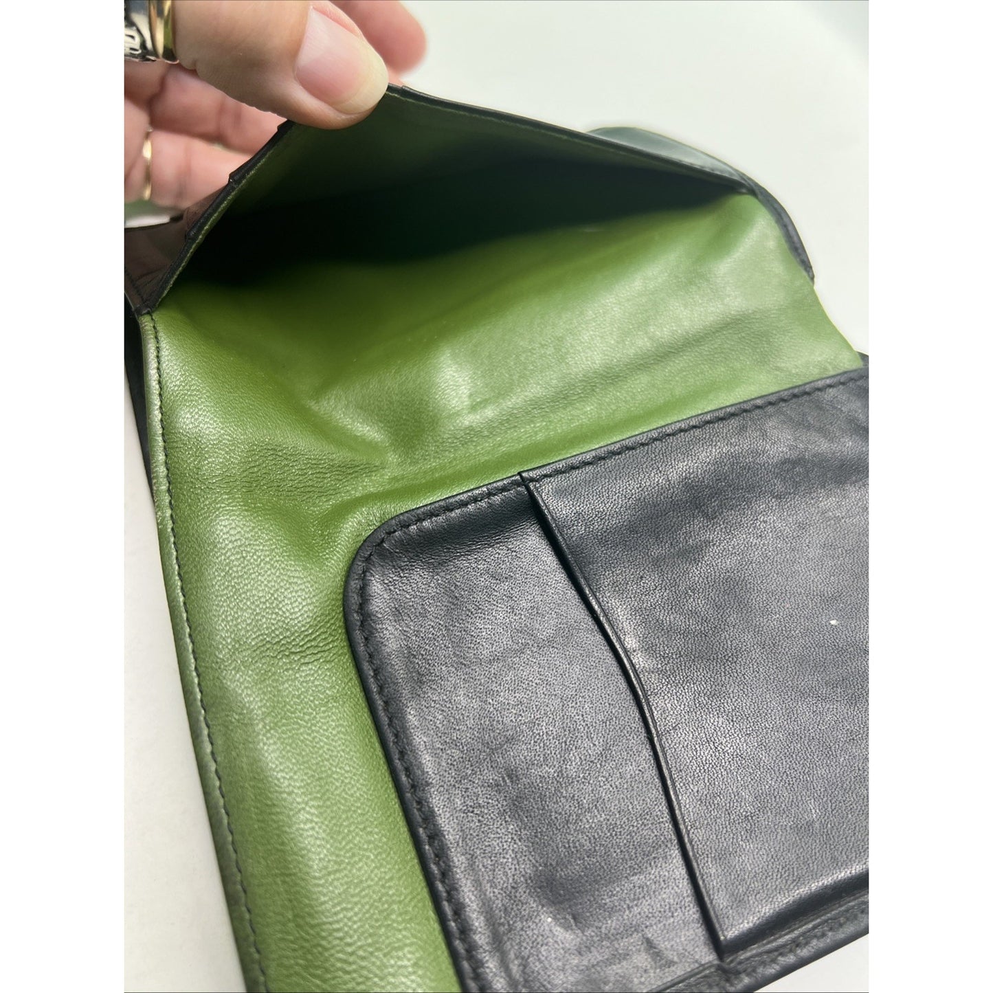 Black Leather Bifold Mens Wallet by Business Centurion Green Interior