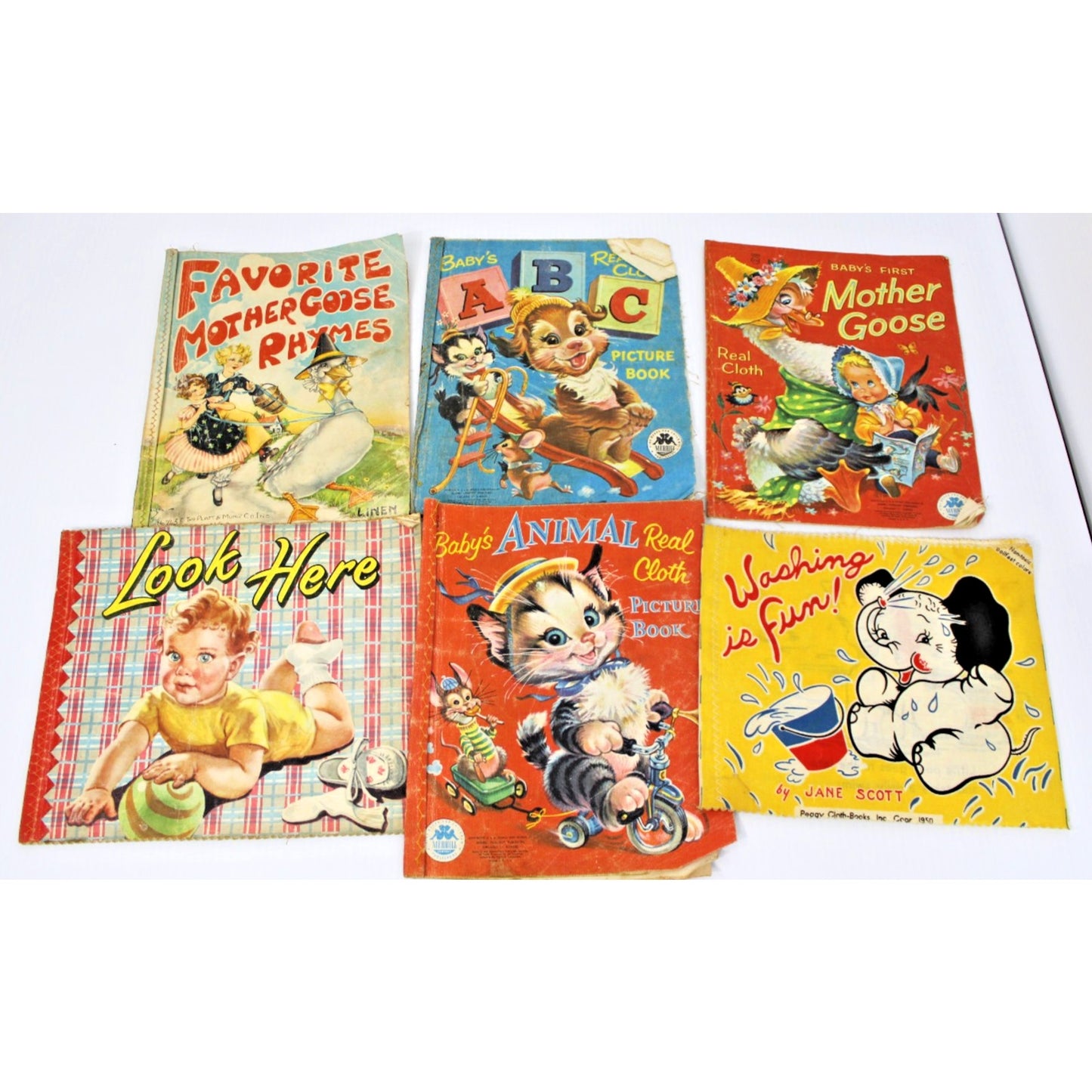 6 Vintage Linen Cloth Baby Books- Merrill, Platt & Munk, Mother Goose, ABC