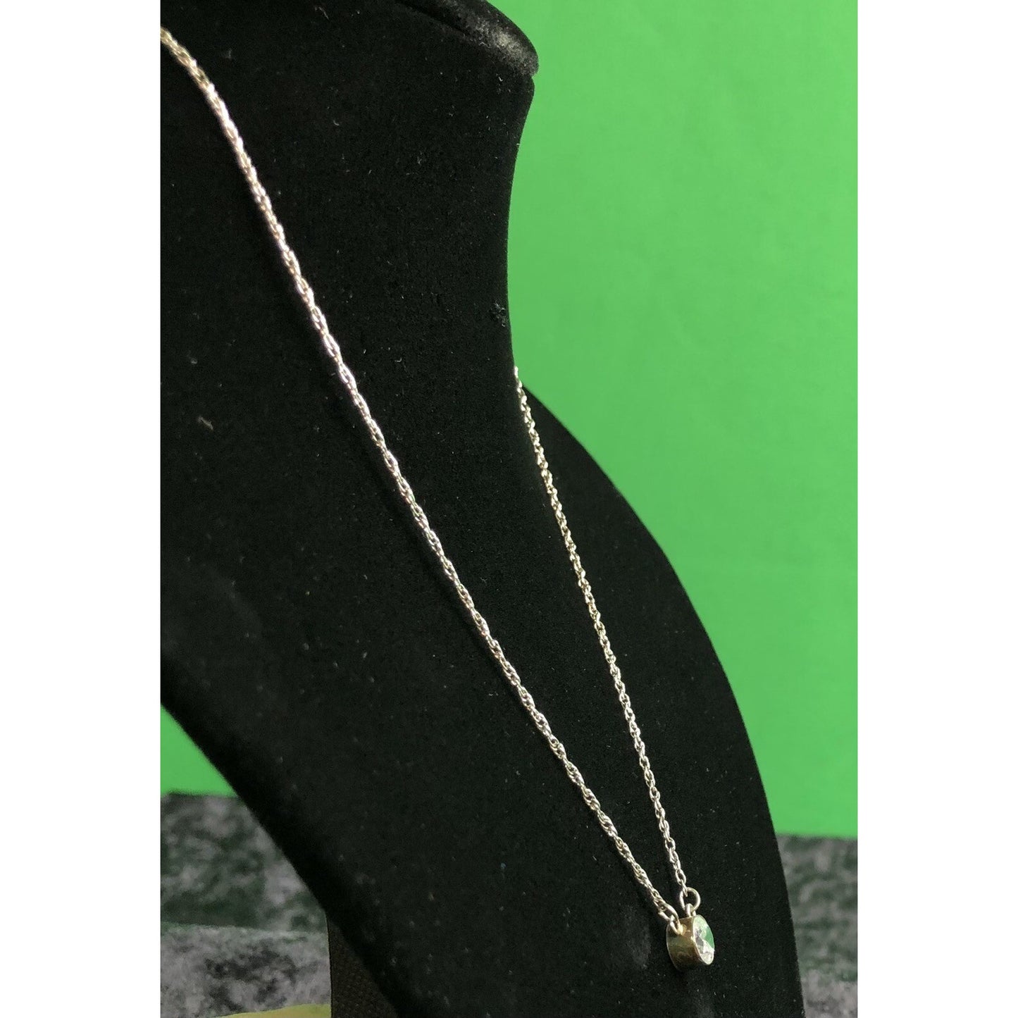 Vintage Sterling Silver CZ Bezel Set Solitaire Pendant Dainty Rope Chain