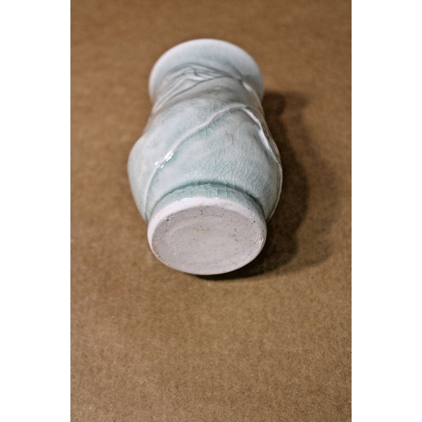 Vintage 5-inch Celadon Vase with Raised Relief Abstract Design, Unmarked