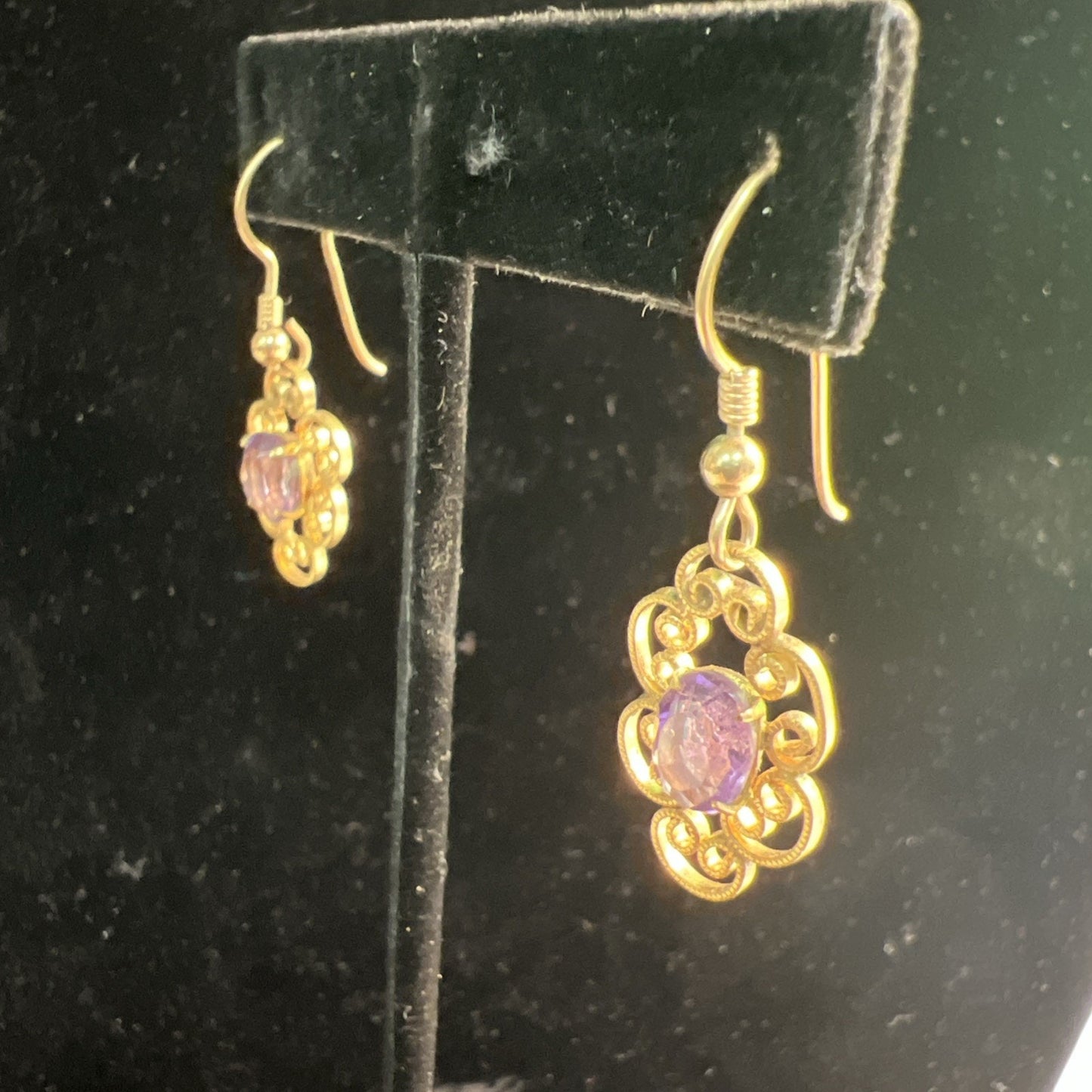 Vintage Artisan Gold Tone Purple Stone Hook Dangle Earrings French Wire