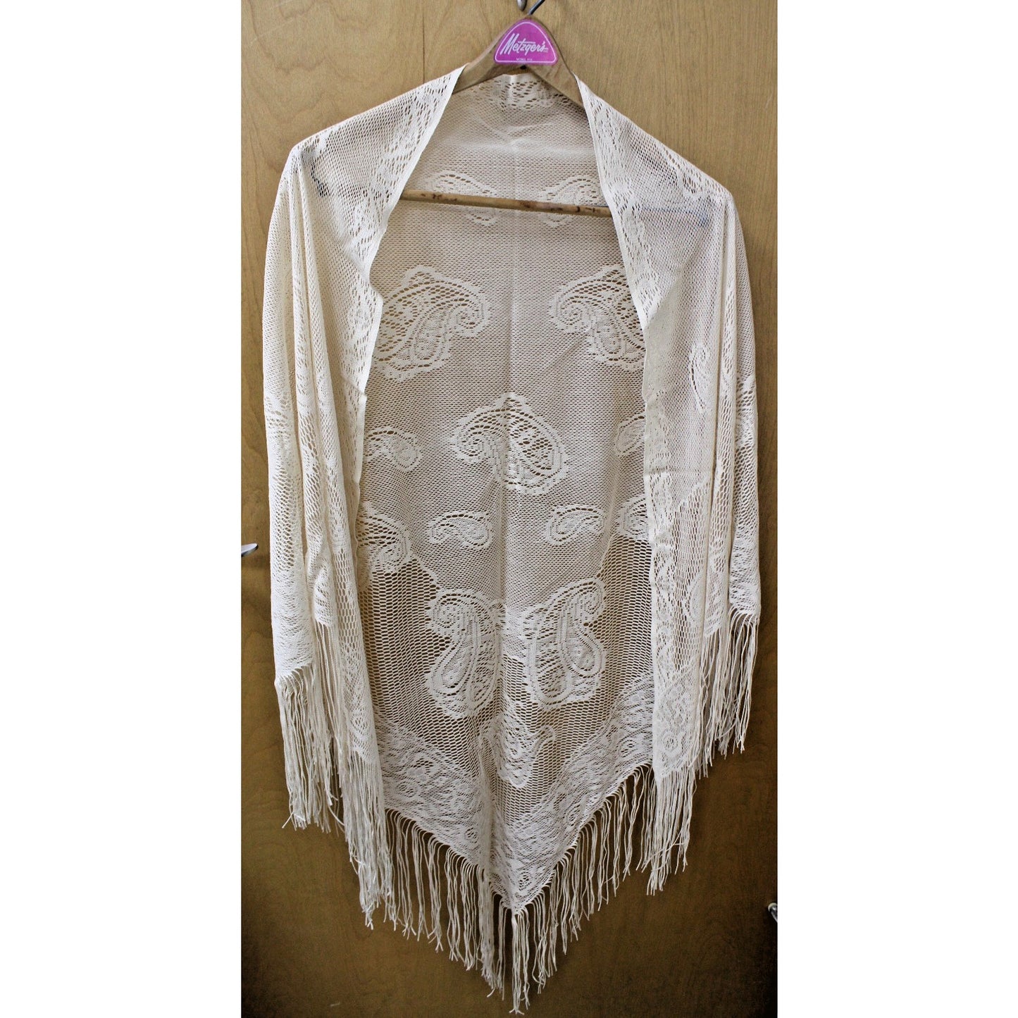Vintage Fringed 78" Triangle Shawl/ Scarf Cream Woven Paisley by English Village