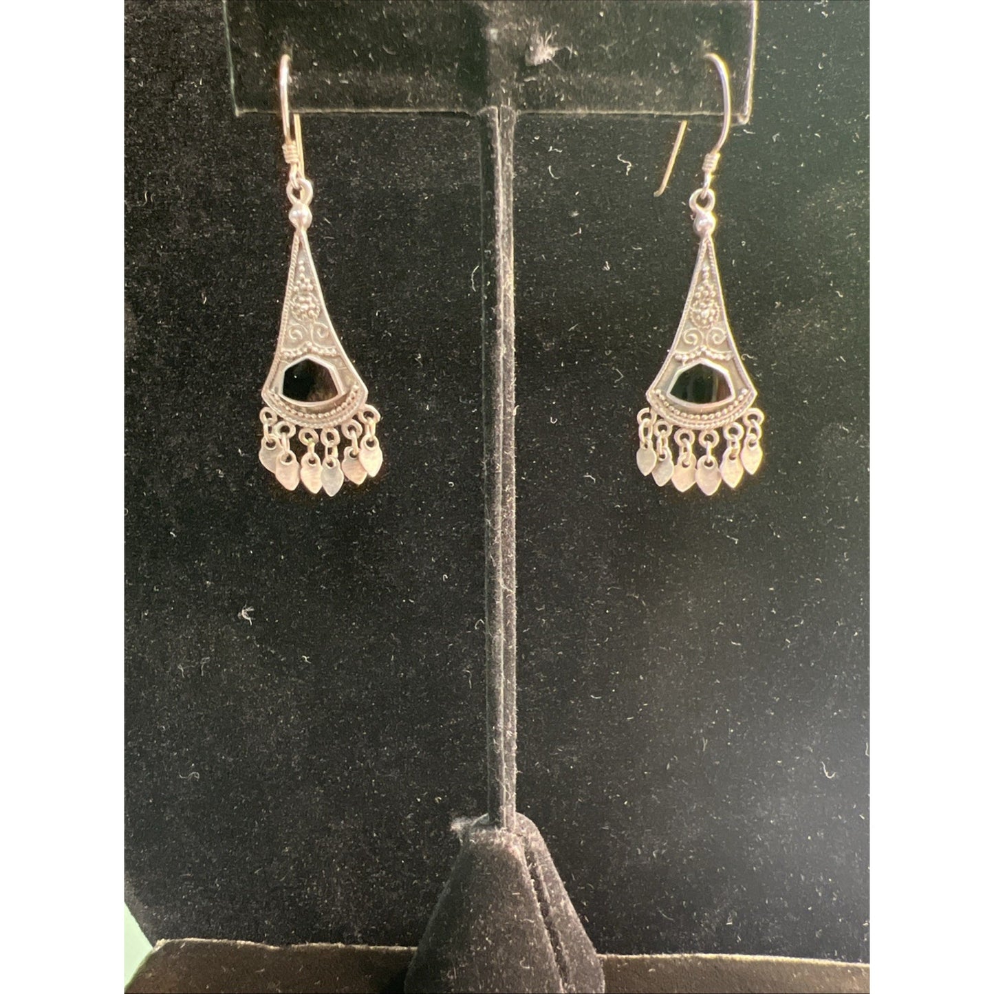 AUTHENTIC Marked 925 STERLING SILVER & ONYX UNIQUE EARRINGS French Wire