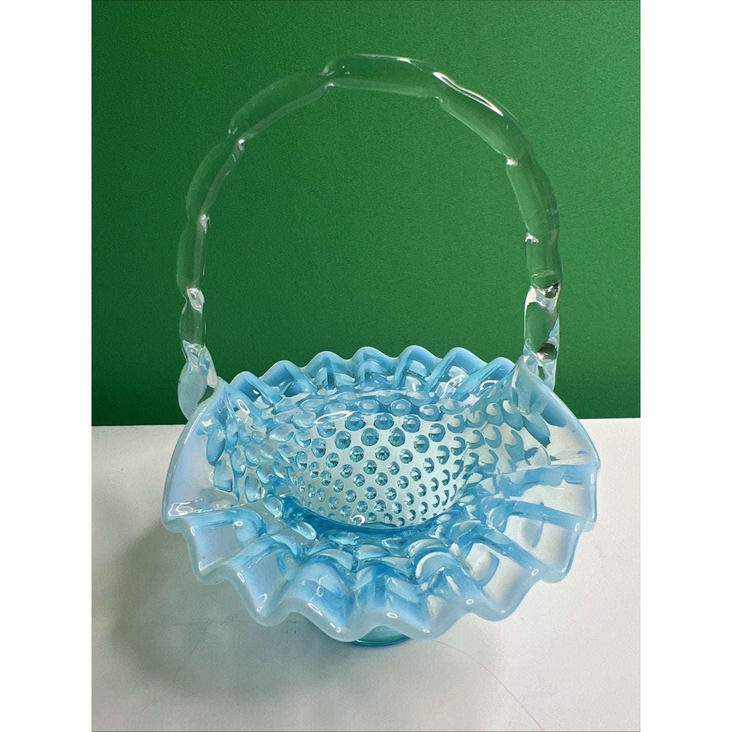 Vintage Fenton Blue Opalescent Hobnail Basket Ruffled Glass with Handle 6” Tall