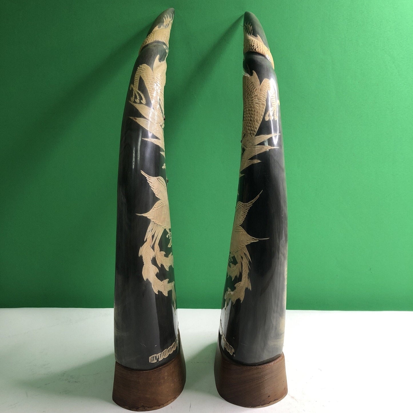 PAIR OF Large WATER BUFFALO HORNS CARVED WITH DRAGON & PHOENIX FENG SHUI