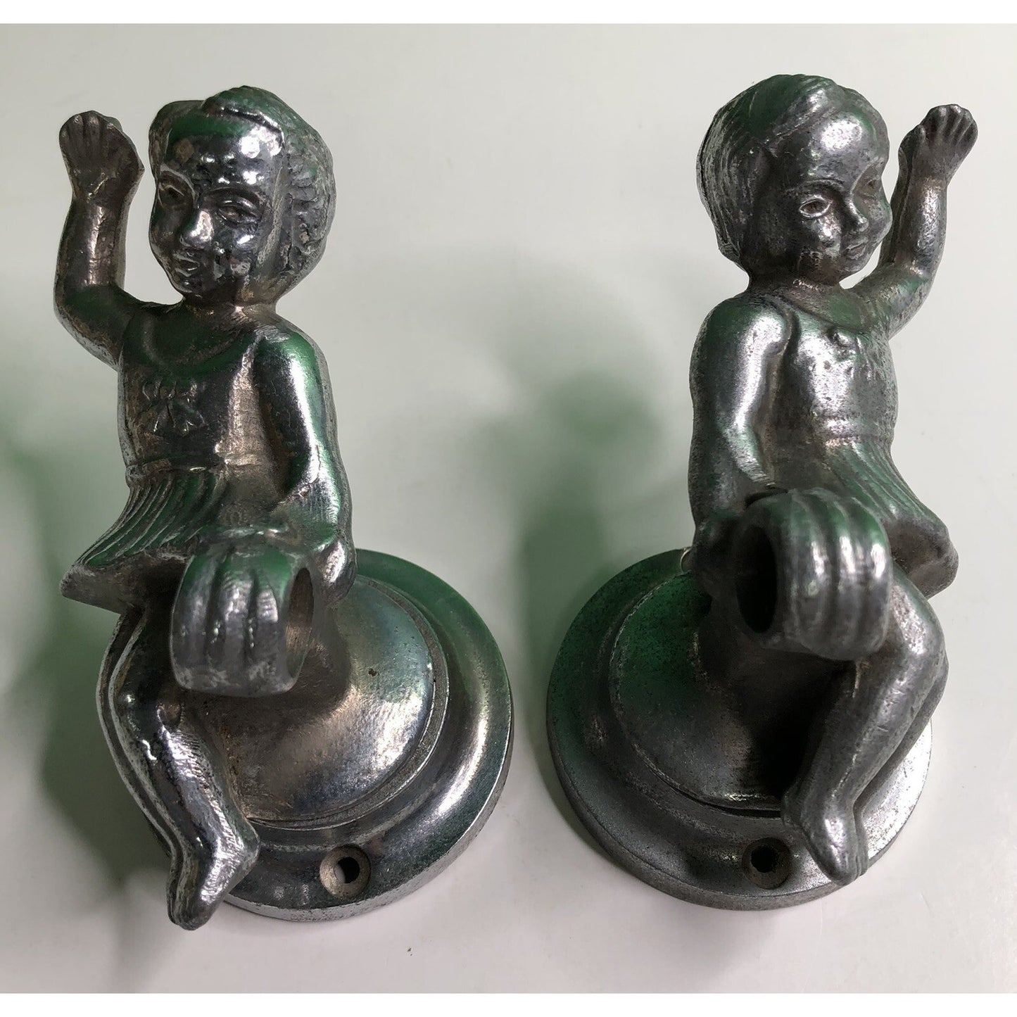 PAIR of Antique Cast Aluminum GIRLS Wall Mount TOWEL ROD HOLDER Kitchen Bath