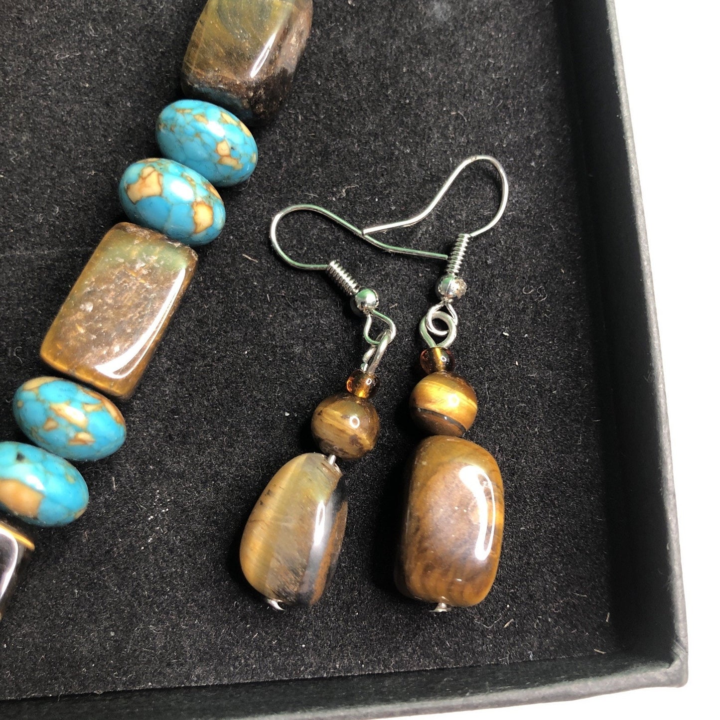 Turquoise & Tigereye Necklace + 2 Pair Earrings Wheeler’s Genuine Gemstone Jewel