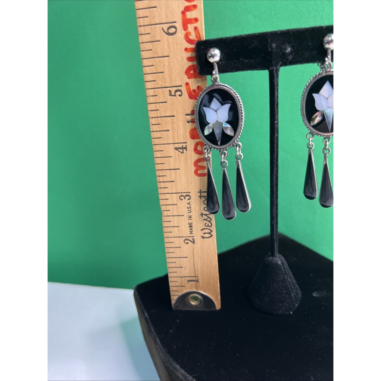 Vintage Mexico Sterling Silver Onyx & Mother of Pearl Inlay Clip On Earrings