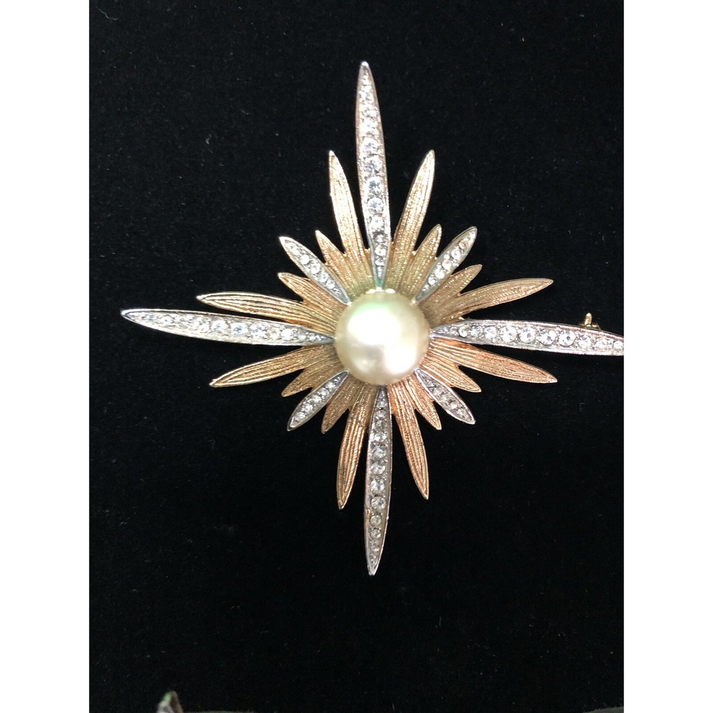 MCM Starburst Brooch Pin & Clip On Earrings Set Faux Pearl Rhinestone Stardust