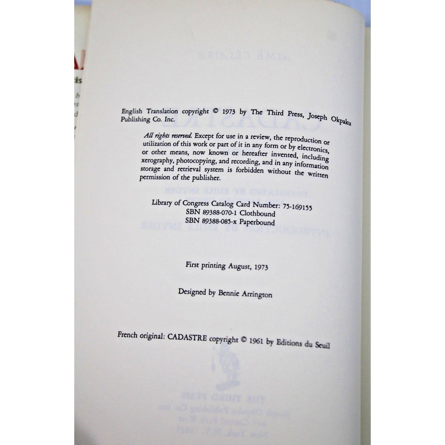 Aime Cesaire CADASTRE 1st English Edition 1973 Bilingual HC DJ Poetry