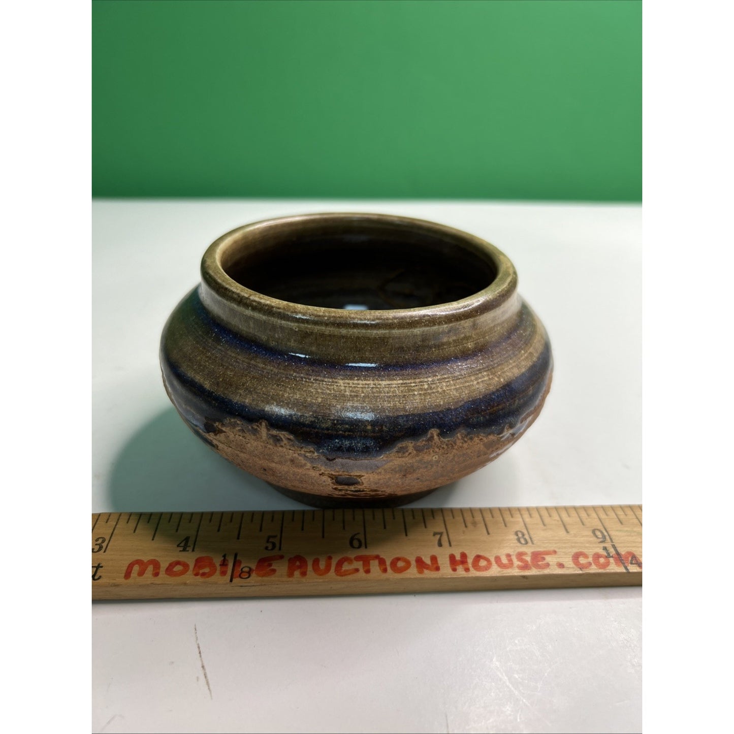 Studio Art Pottery Ceramic Blue Purple Brown Hues Drip Glazed Vintage Pot Bowl
