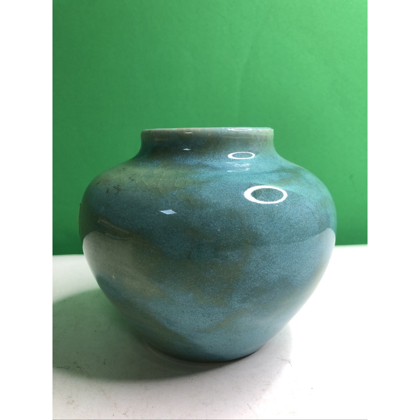 Vintage 1951 Stephen NC Pottery Cabinet Vase Blue Green Glaze Pink Interior