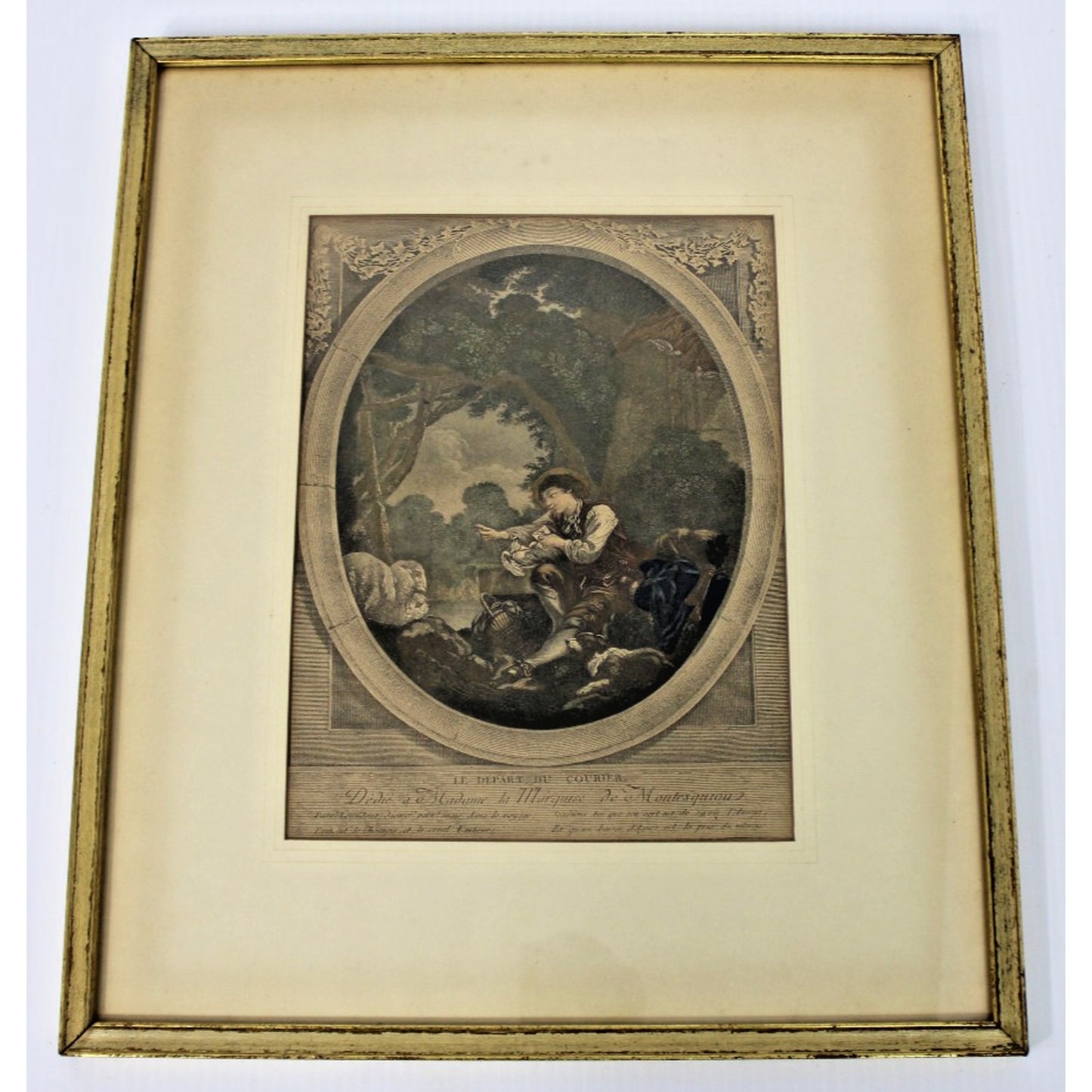 Le Depart du Courrier-Jacques-Firmin Beauvarlet, Hand-colored Engraving, Framed