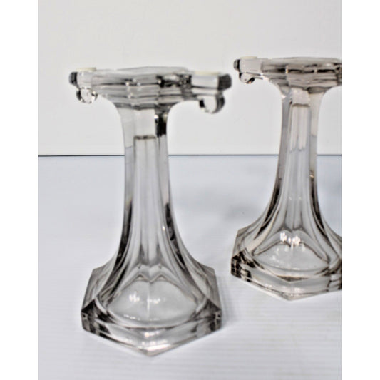 Antique Clear Glass Shelf Risers, Pedestals, Store Display Columns Pair 7-1/4"H