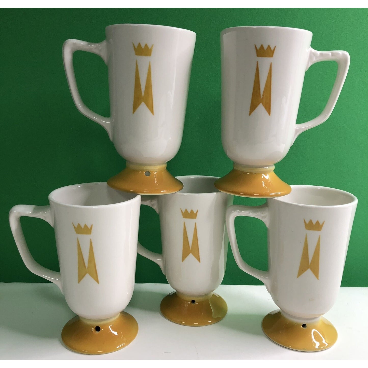 Set 5 Mid Century Homer Laughlin Marriott Gold Crown Footed Coffee Cups Mugs