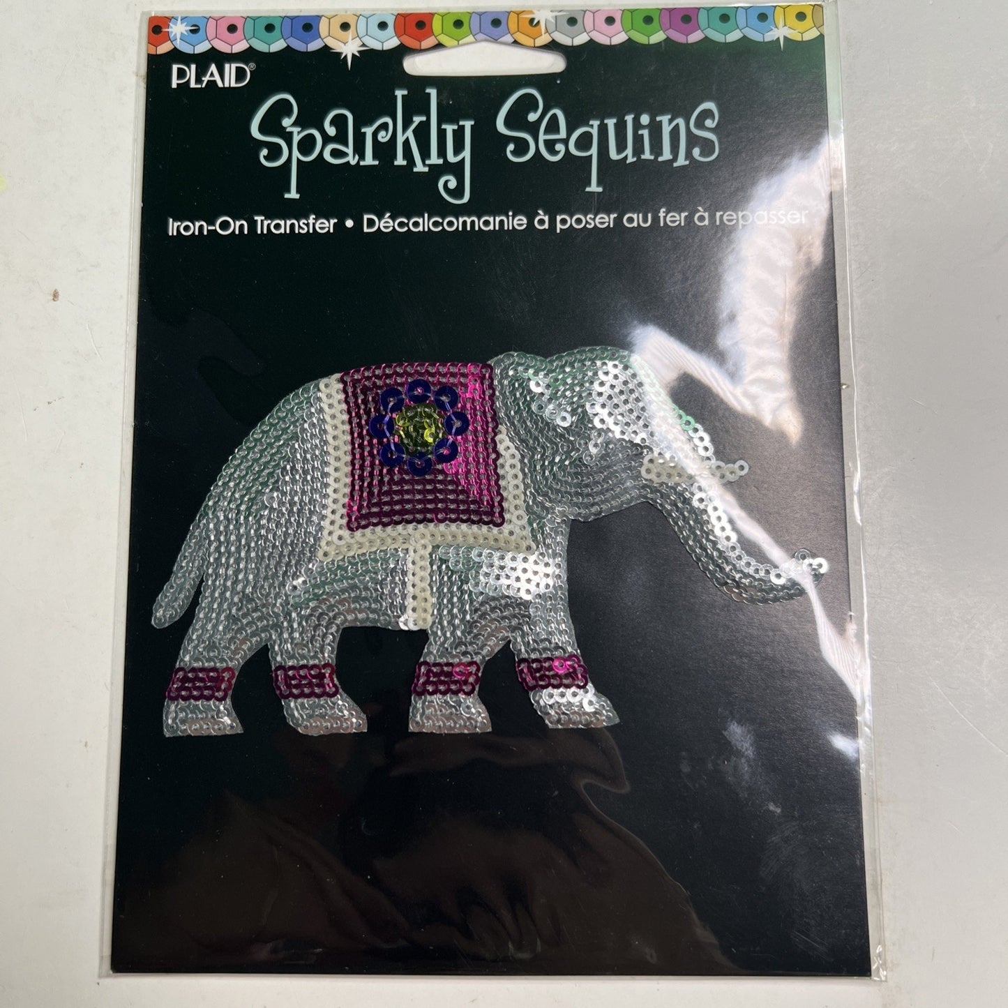 Lot of 2 Plaid Sparkly Sequins Iron on Transfer Lotus Flower & Elephant