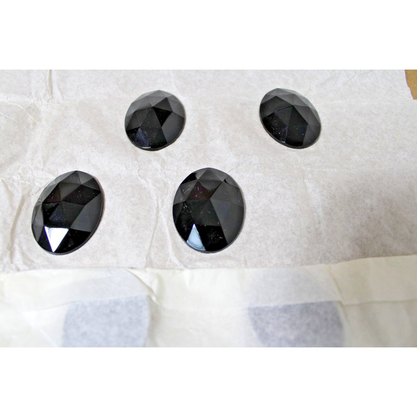 14 ea. NOS West German Obsidian Black Cabochons, Faceted Glass, 1960s Vintage