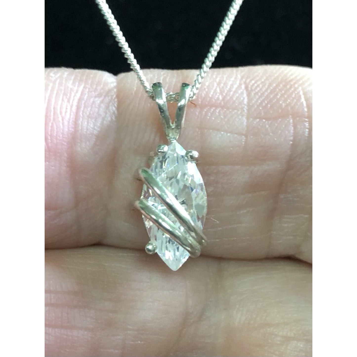 Italy Sterling Silver 20” Chain Captured Marquise Clear Gem Pendant Earring Set