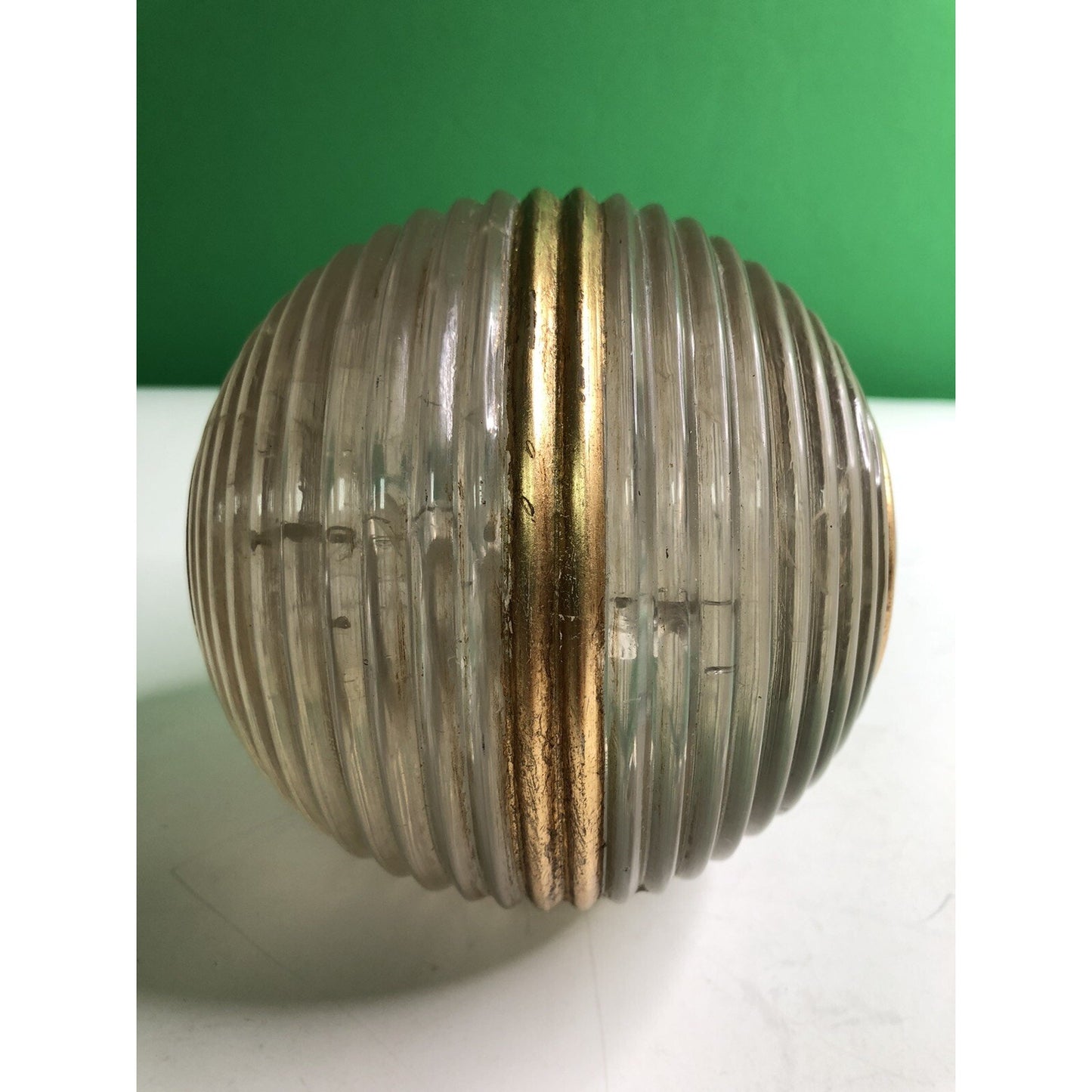Vintage SOLID GLASS SPHERE Ball Ribbed Gilt MCM Unique Interesting RARE LARGE