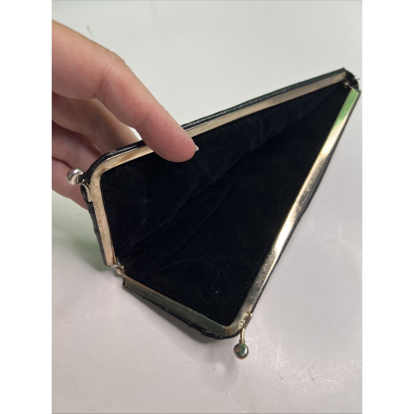 Genuine Eel Skin Wallet Eye Glass Case Long Black Vintage Kiss Lock Velvet Lined