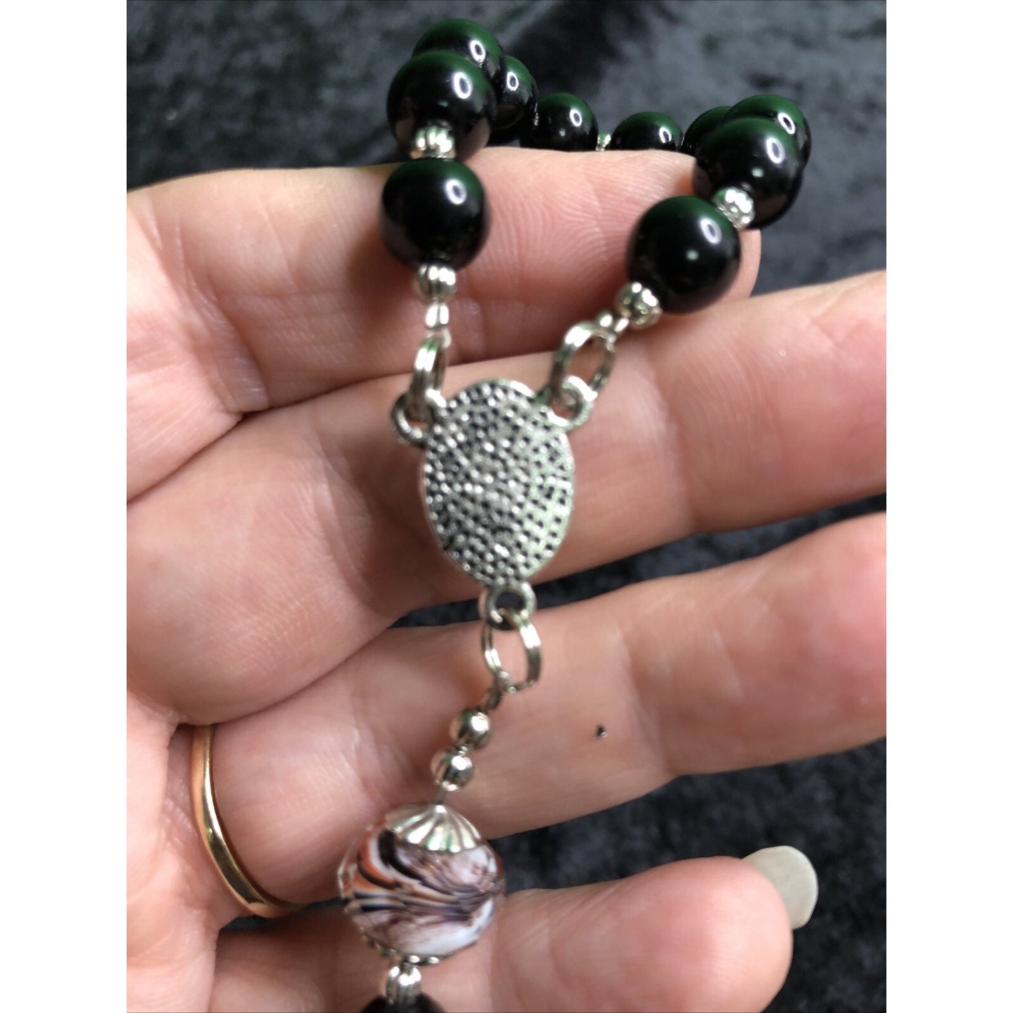 Small Auto Pocket Rosary Glass Beads Italian Charm Cross 7” Long