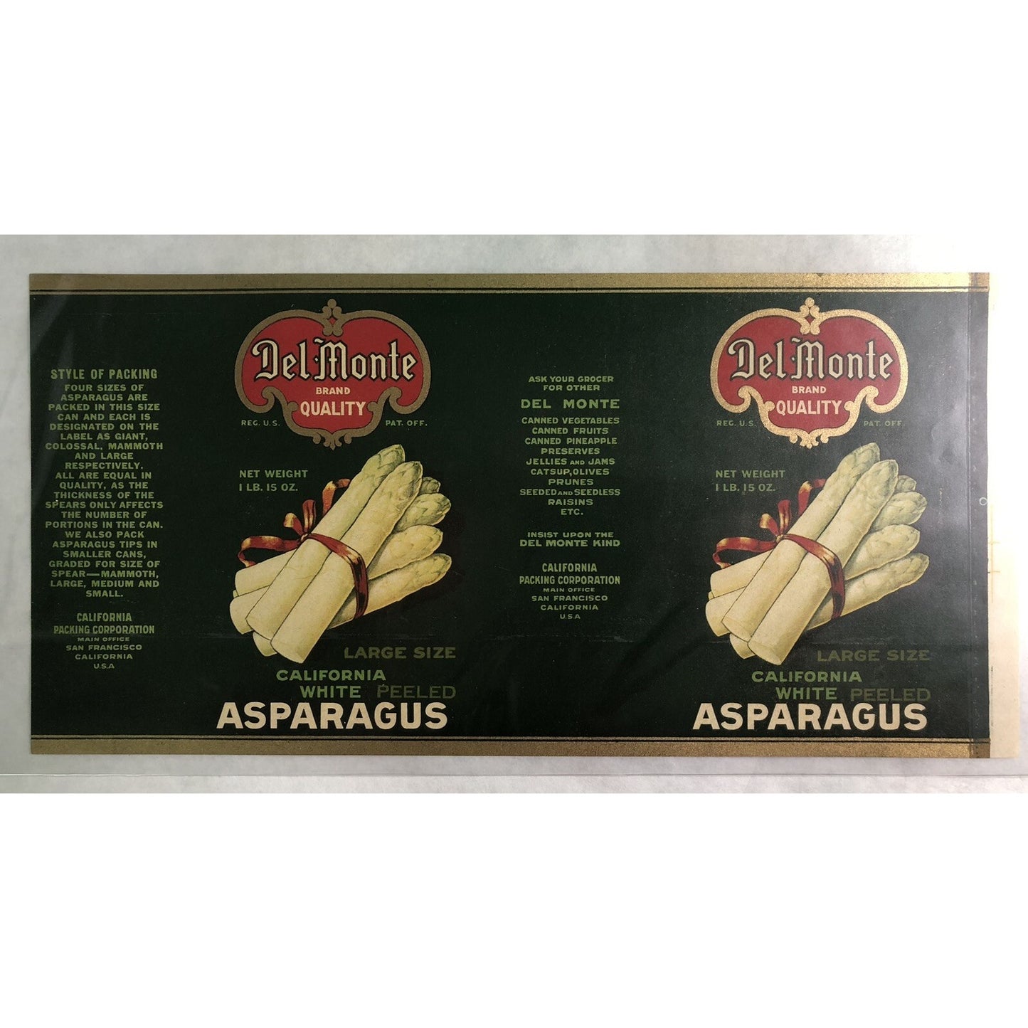 Vintage Ca 1930 DEL MONTE White Peeled Asparagus CAN LABEL Unused CA Packing