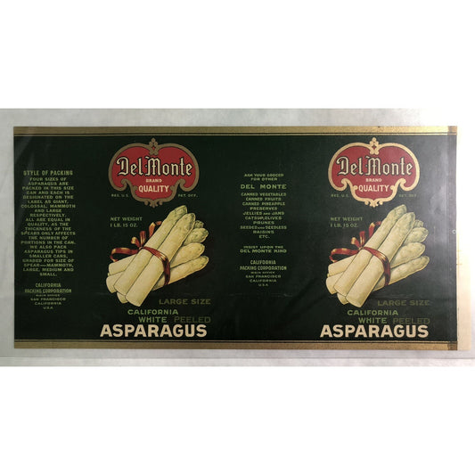 Vintage Ca 1930 DEL MONTE White Peeled Asparagus CAN LABEL Unused CA Packing