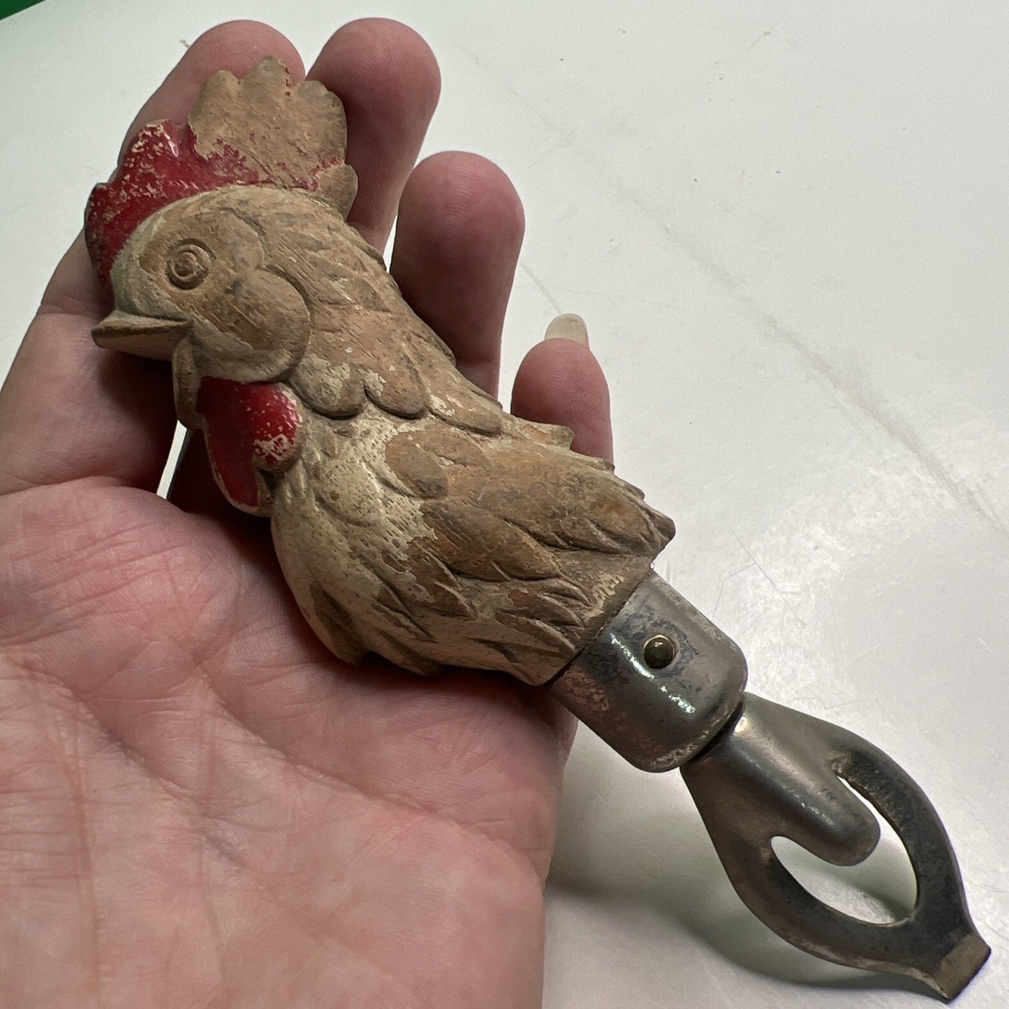 Antique Hand Carved Wood Handle Rooster Chicken Bottle Opener