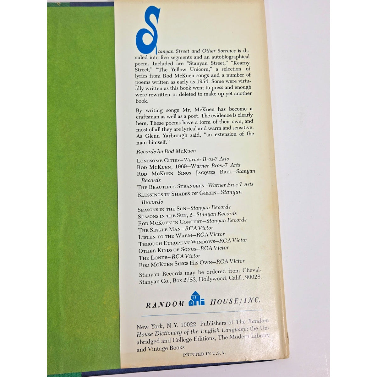 Rod McKuen - Stanyan Street and Other Sorrows - 1966 Hardcover Fifth Printing DJ