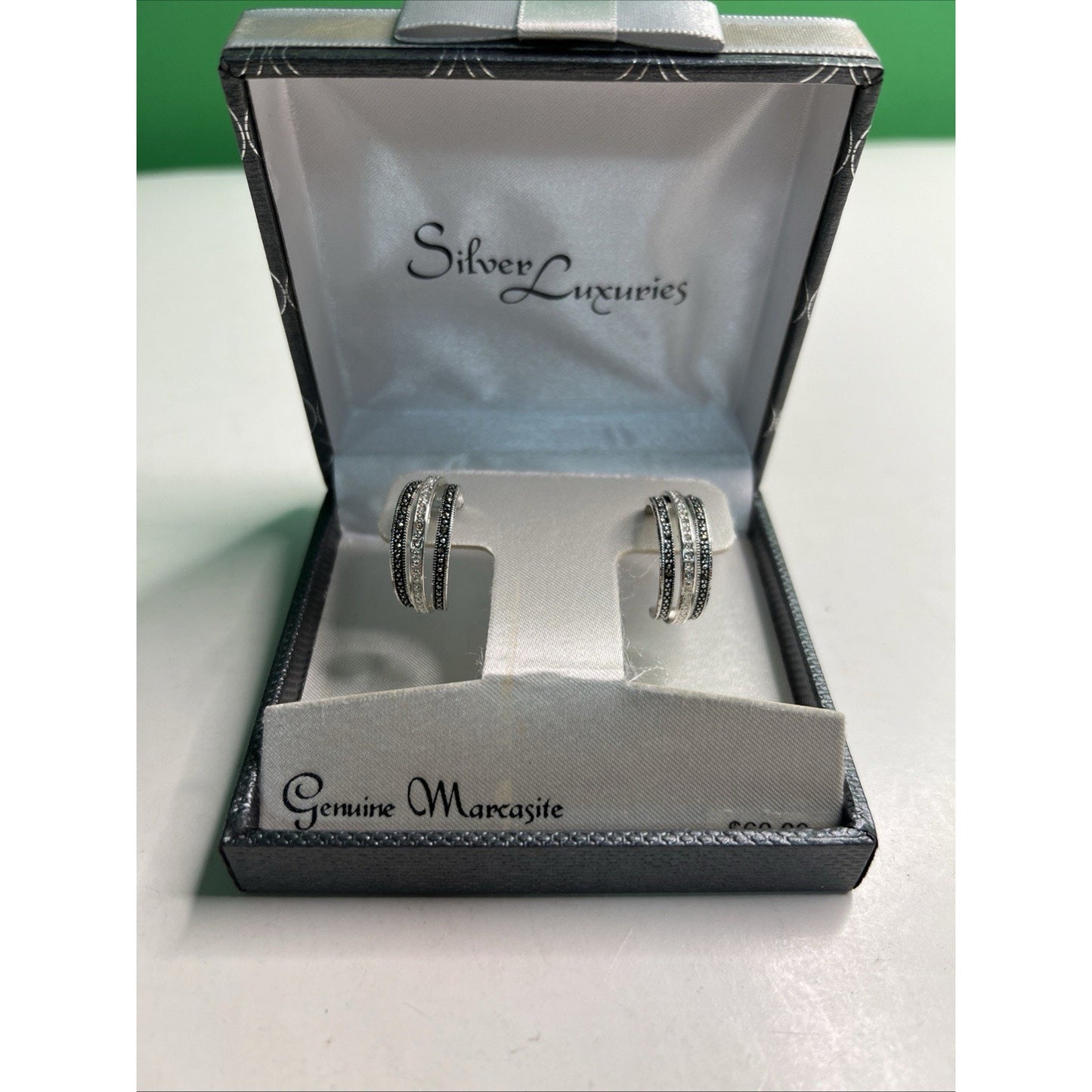 Silver Luxuries Silver Plated Hoop Earrings Genuine Marcasite New In Box