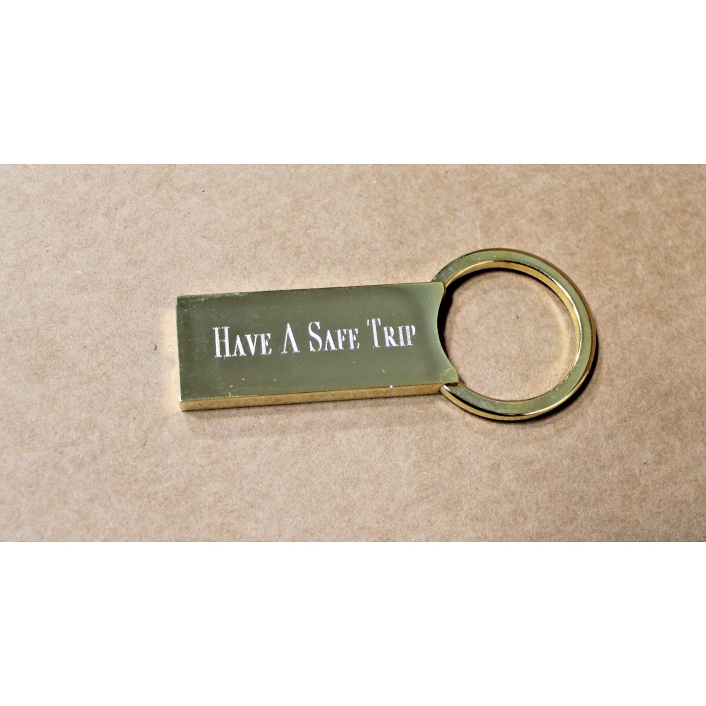 Engravable Gold Metal Keychain, Gift Boxed, "Have A Safe Trip" 1 Side, Heavy!