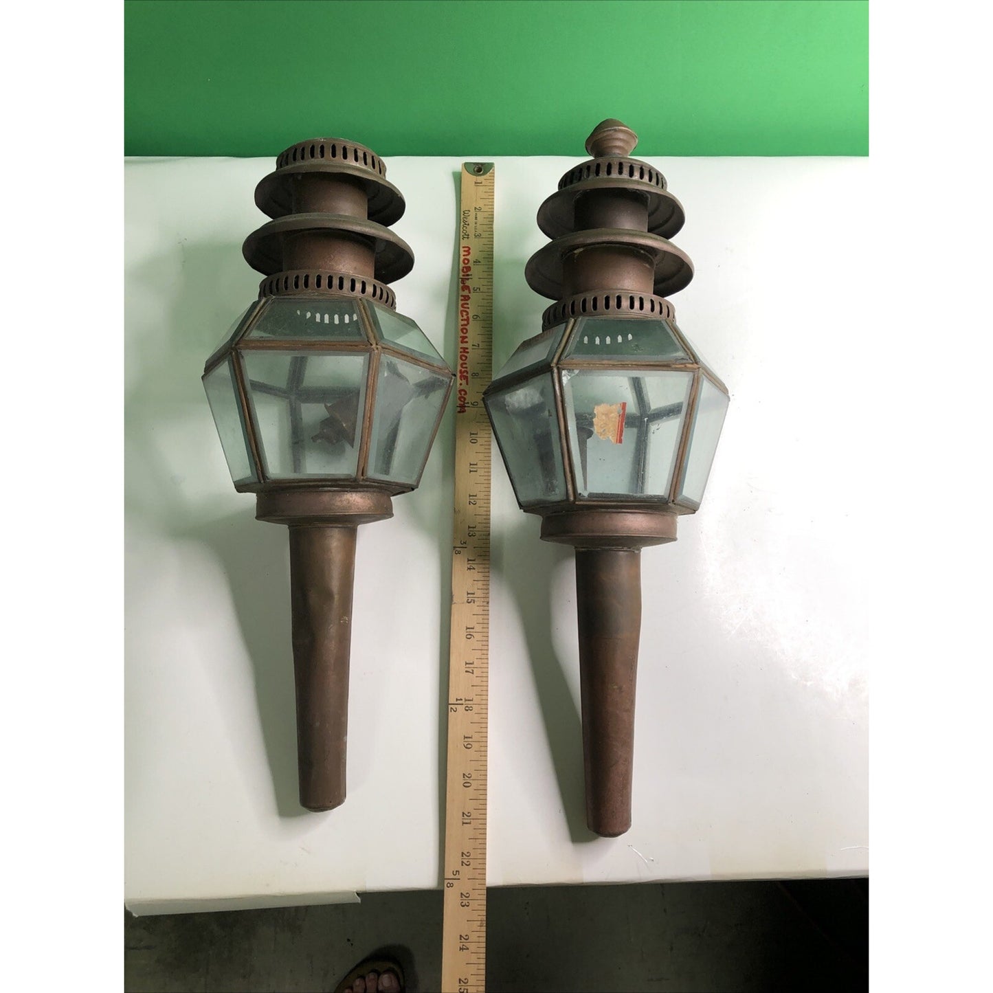 Pair Of Antique Copper Oil Carriage Lamps Buggy Lantern Lights Beveled Glass