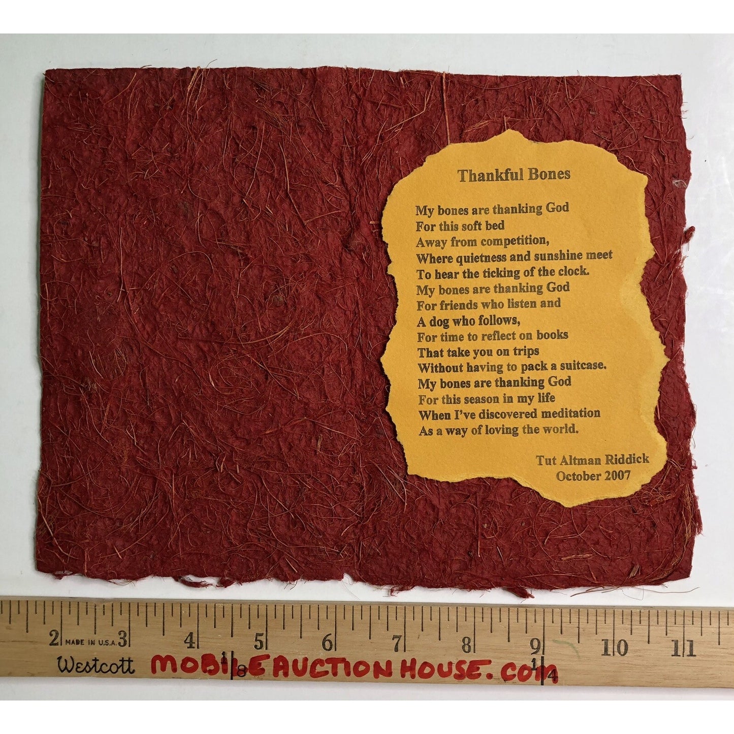 Tut Altman Riddick Poem On Handmade Paper Thankful Bones Mobile Alabama Artist