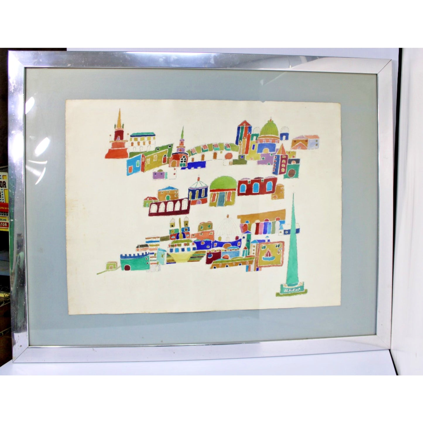 Large Primitive Watercolor "Village Home" by Clara Shepard, Willoughby Institute