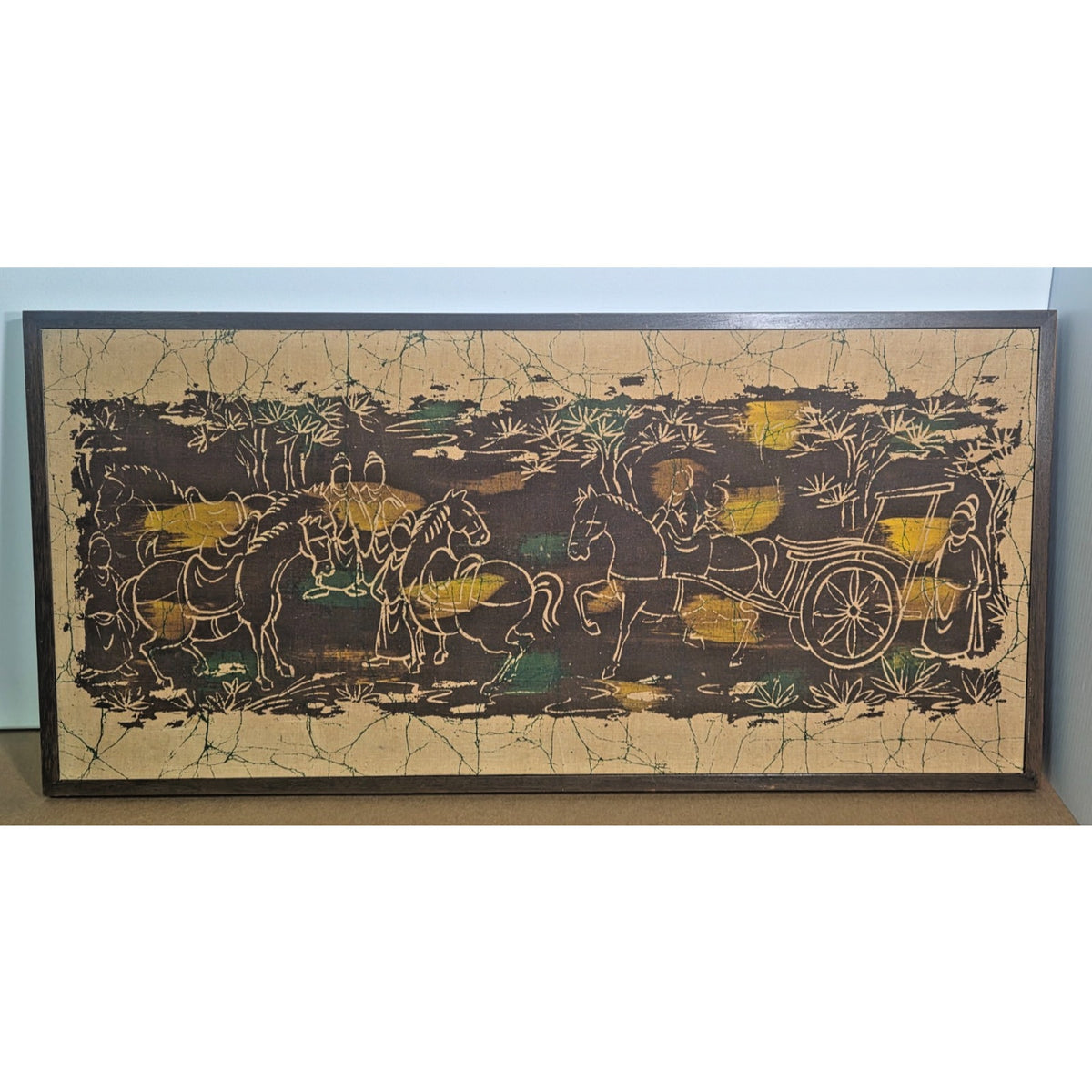 Vintage MCM Framed Batik Art "The Inspection Tour" Asian Horse Chariot 31"