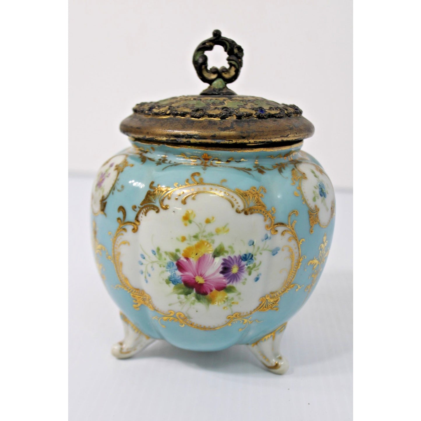 19th Century Antique Gilt Porcelain Tri-footed Biscuit Jar with Ormalu Lid