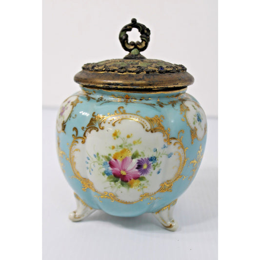 19th Century Antique Gilt Porcelain Tri-footed Biscuit Jar with Ormalu Lid