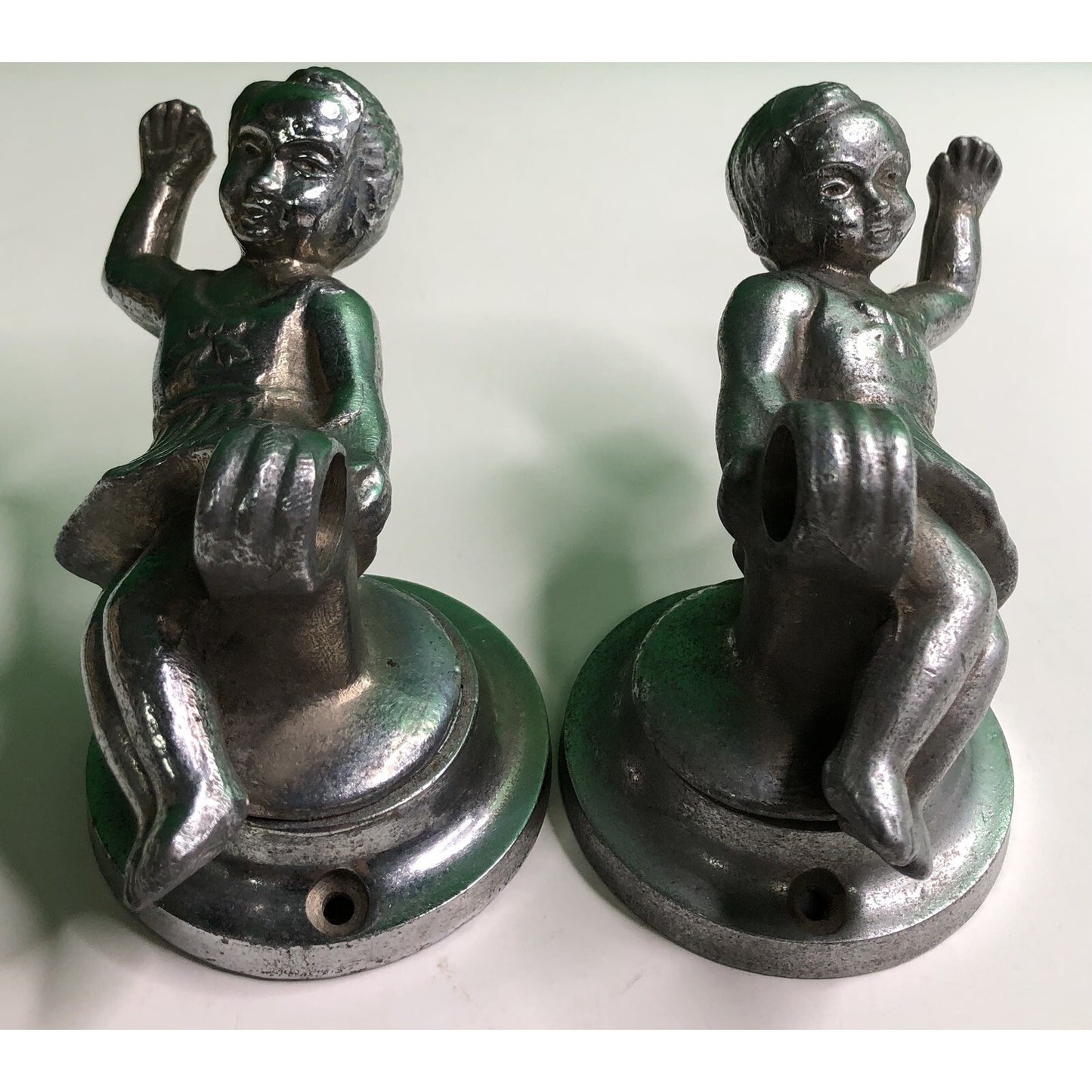 PAIR of Antique Cast Aluminum GIRLS Wall Mount TOWEL ROD HOLDER Kitchen Bath