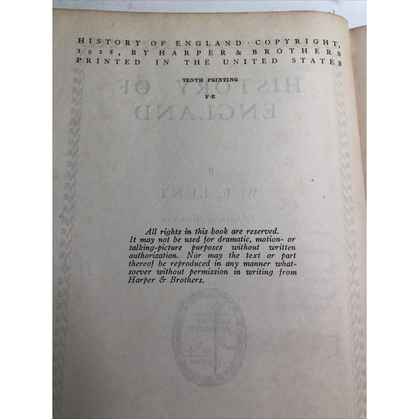 History Of England Hardcover Book By W. E. Lunt 1928 10th Printing