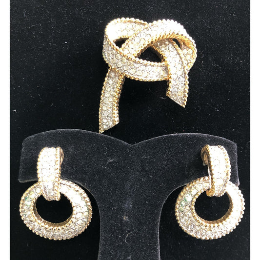 JOMAZ Bow Rhinestone Brooch & Door Knocker Earrings Screw Back Signed Vintage