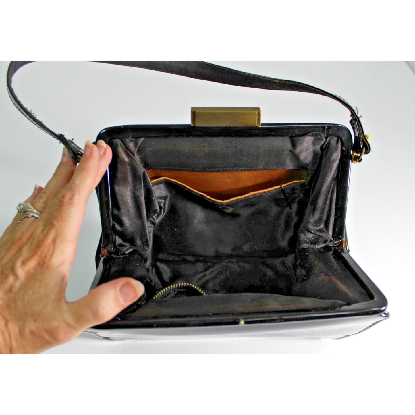 Vintage 1950s 1960s Black Patent Structured Frame Handbag Gold Bar Clasp MCM