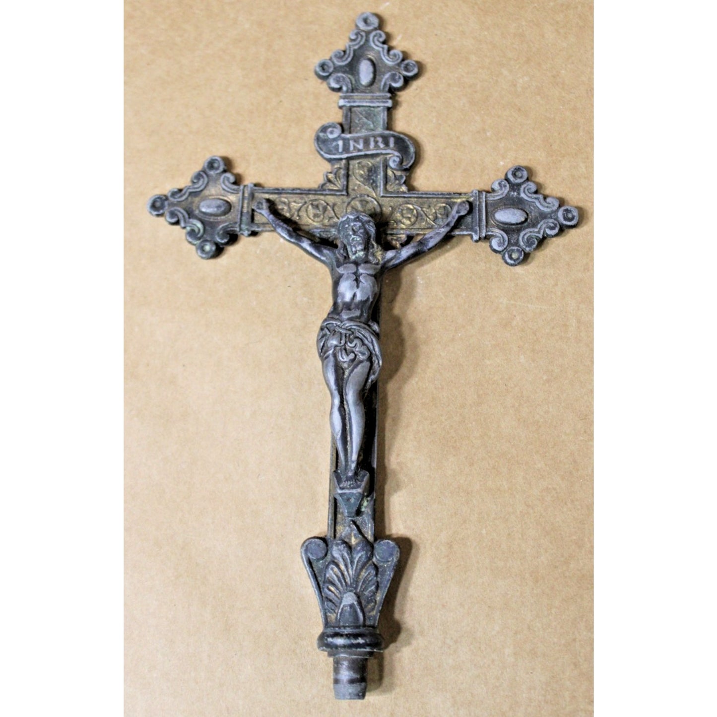 Antique Cast Iron/ Brass Crucifix, Intricately Detailed, 8.5" H Christ on Cross