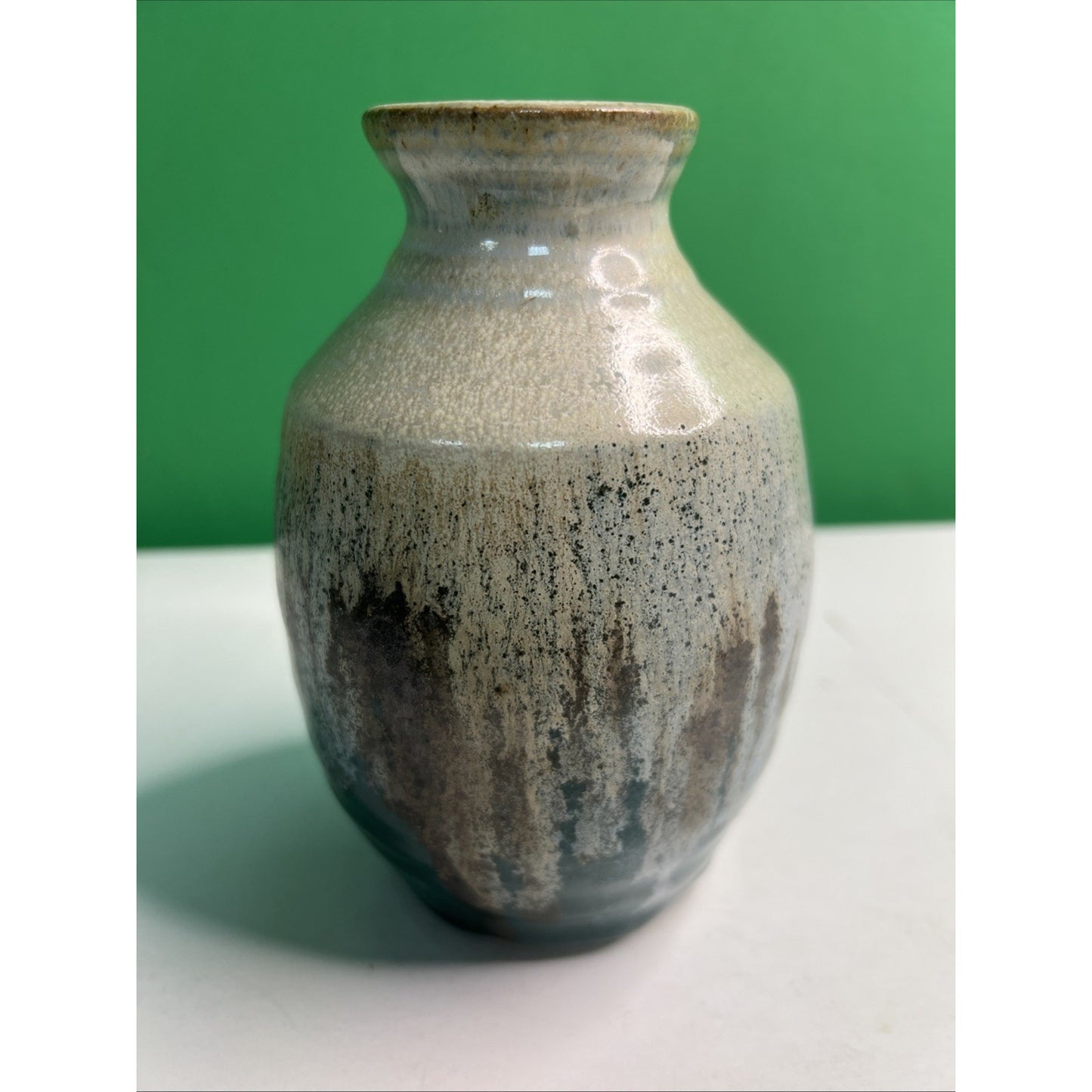 Studio Art Pottery Ceramic Blue And Earthen Hues Drip Glazed Vintage Vase